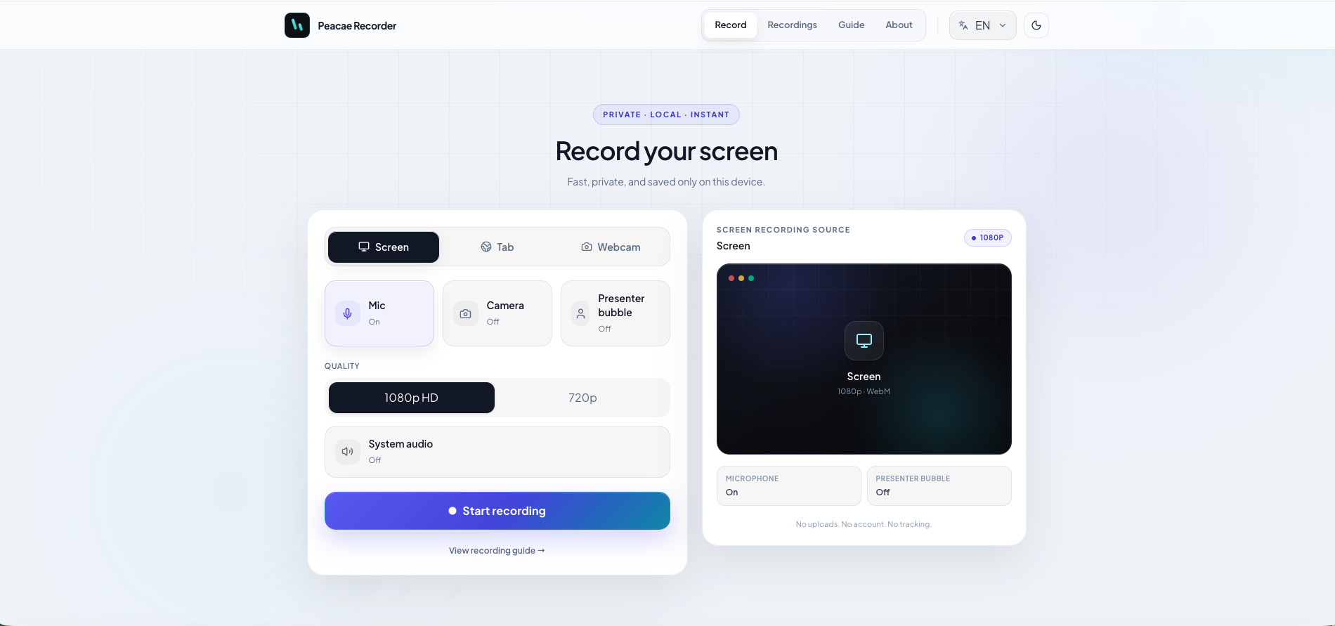 Peacae Recorder — record screen in light mode