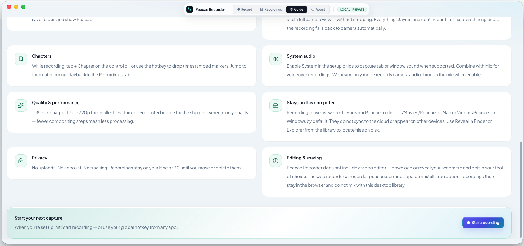 Peacae Recorder guide cards covering chapters, audio, quality, and privacy topics.