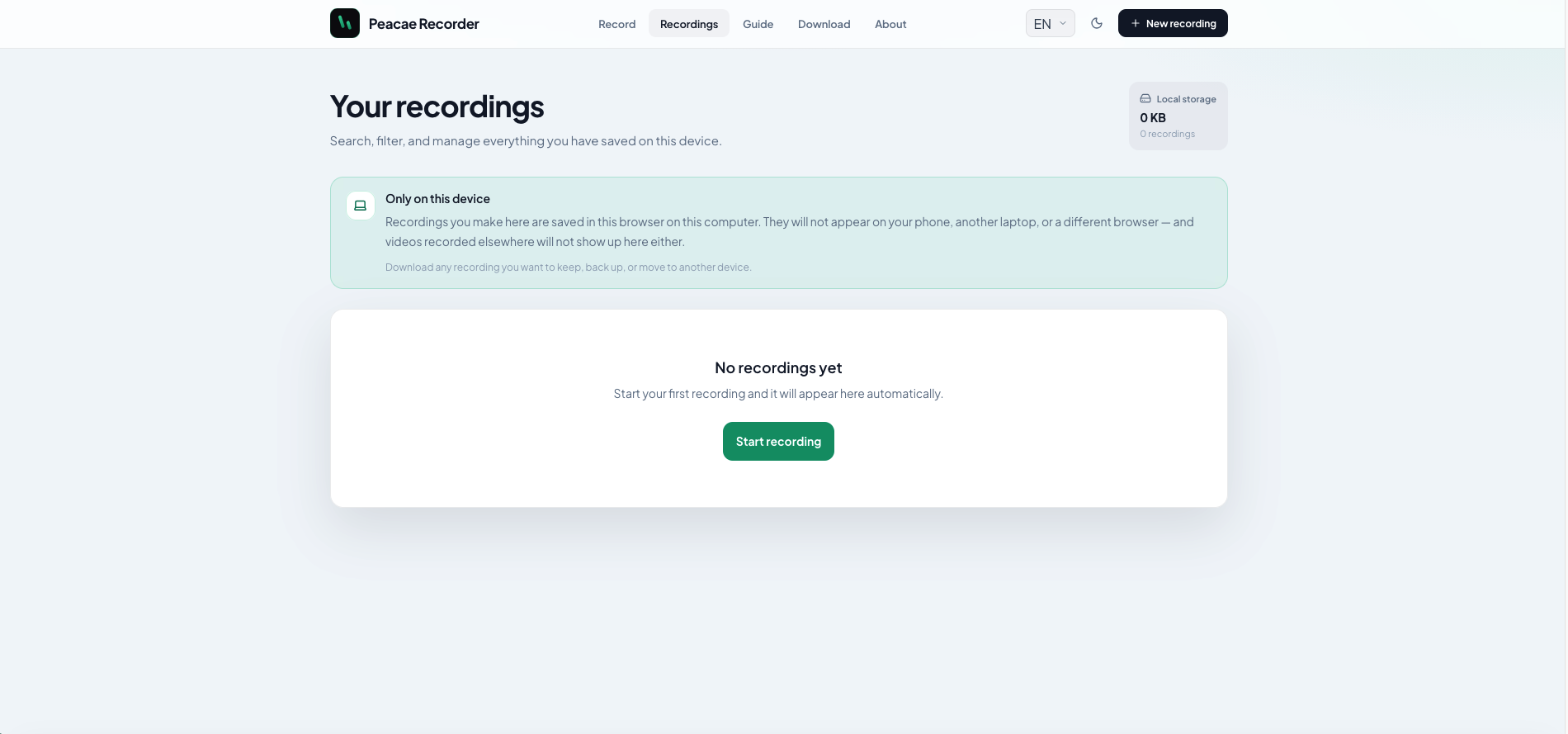 Peacae Recorder web recordings library with local storage indicator and empty state.